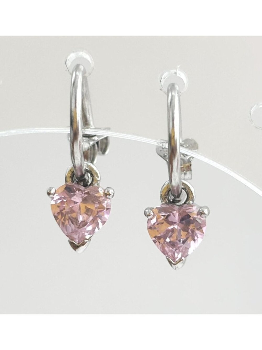 Pink Topaz Gemstone Heart Shaped Dainty Sterling Silver 925 Vintage Earrings